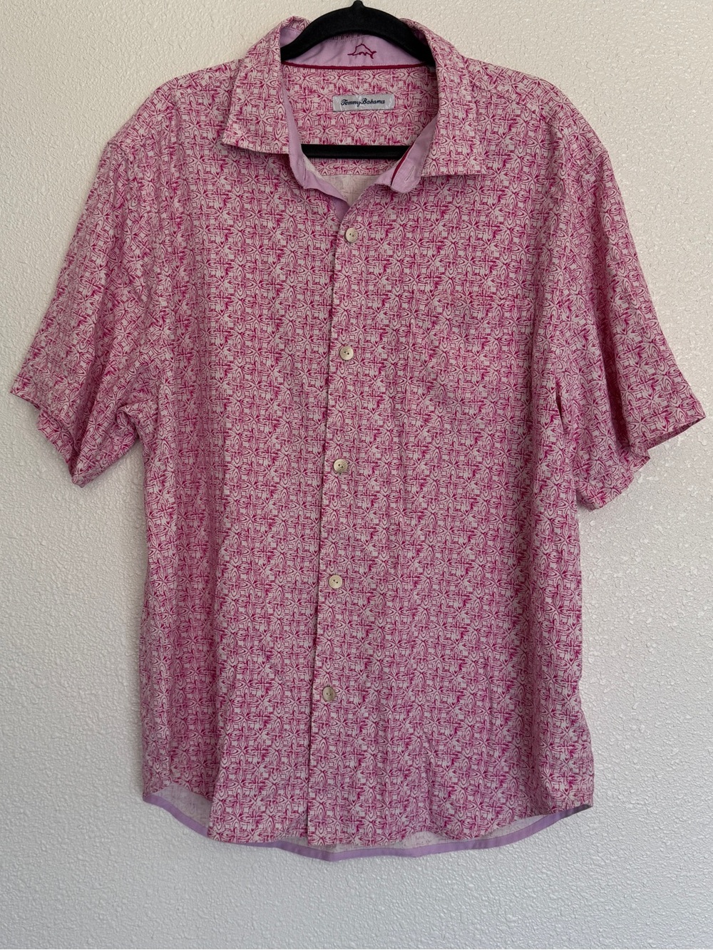 Tommy Bahama Size Large Silk Short Sleeve Button Up Shirt Pink Madeira Mosaic
